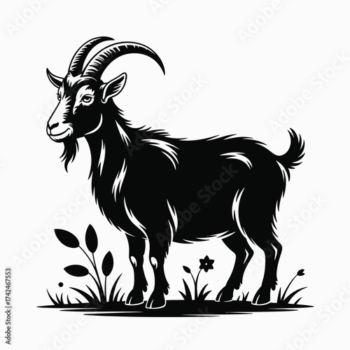 High contrast vector silhouette illustration of a majestic male goat with detailed horns and beard silhouette vector illustration white background