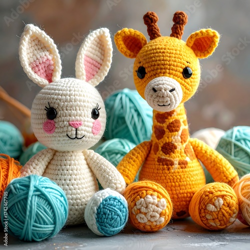 Crochet bunny and giraffe toys, yarn balls