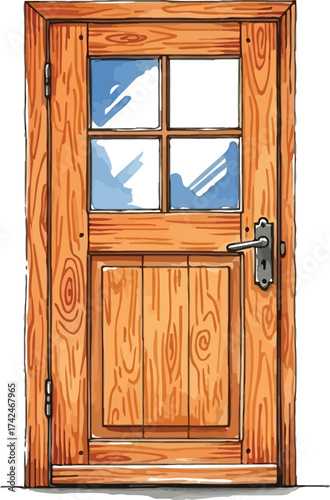 Rustic wooden door with glass panes invites natural light inside home