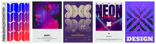 Vector simple shapes rave print artwork modernism and minimalistic brutalism style, abstract geometric A4 composition graphic in Y2K aesthetics, Set modern art colorful trendy poster, mix set 8