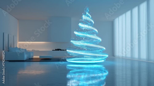 Abstract Glowing Blue Light Trail Christmas Tree in a Modern Minimalist Space (AI Generated)