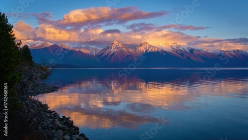 Serene Sunset over Lake: A breathtaking digital illustration showcasing a calm lake reflecting the warm colors of a sunset amidst majestic mountains and trees, exuding tranquility and natural beauty.
