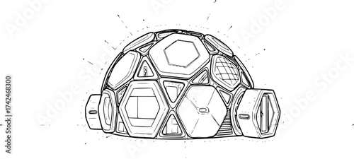 Futuristic modular dome house sketch with hex panels. Hand-drawn smart living vector isolated on white.

