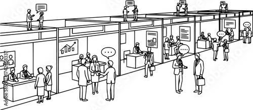 Outline of a business trade show with exhibition booths and networking vector illustration.
