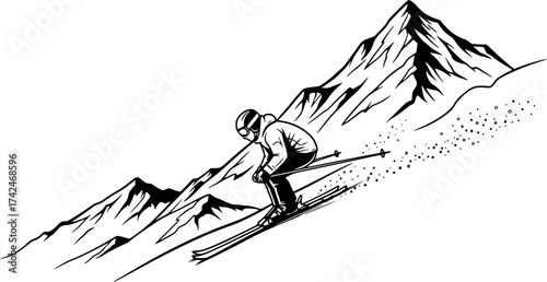 Skier starting downhill sketch with mountain. winter sport scene vector isolated on white.
