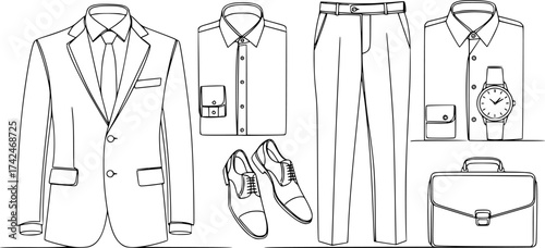 Men's Business Attire Outline Set. Continuous Line Drawing of Professional Clothing Items for Men Vector Illustration for Fashion and Corporate Style.
