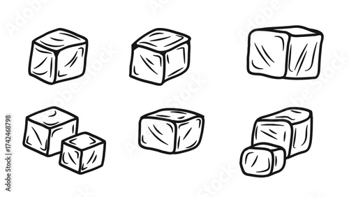 Hand drawn doodle line art ice cubes collection.Vector illustration