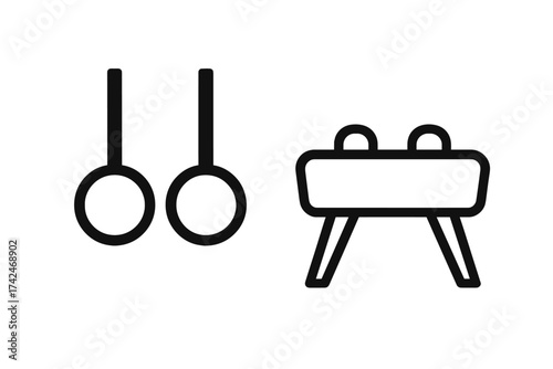 Gymnastics rings and pommel horse sports equipment vector icon set, gym training apparatus illustration, athletic exercise gear, fitness and strength symbols with transparent background