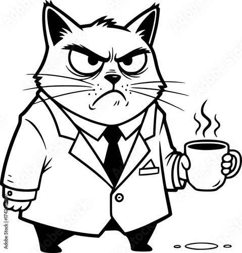 Funny grumpy cat in suit sketch with coffee. Hand-drawn humor cartoon vector isolated on white.
