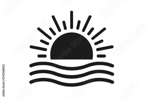 Sunburst horizon sunlight icon, half sun above ocean waves, vector illustration with transparent background, morning sunrise symbol, nature landscape, warm light beams