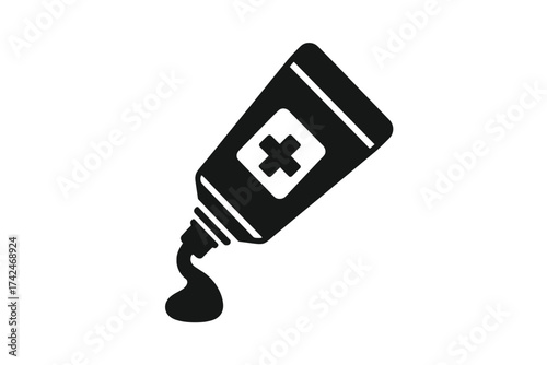Medical cream tube icon squeezed with liquid ointment dripping. Healthcare and first aid ointment tube vector illustration with transparent background, medical care and healing concept.