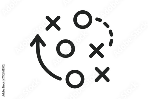 Tactical plan strategy icon with X and O symbols, arrow marks and dotted path. Vector illustration of sports, business, and game tactics concept with transparent background for professional use