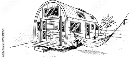 Tropical vanlife sketch with hammock and sea view. Hand-drawn mobile home travel vector isolated on white.
