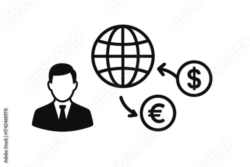 Businessman icon with global currency exchange symbols, dollar and euro transfer signs, international money exchange concept, vector illustration for banking and finance