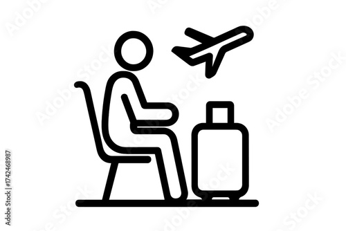 Traveler sitting in airport lounge with luggage waiting for flight, airplane symbol, travel concept icon, waiting area vector illustration, airport travel sign