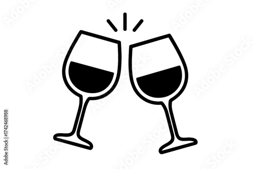Two wine glasses clinking cheers icon, vector illustration with transparent background, celebration and toast symbol, festive drinkware, party and event design