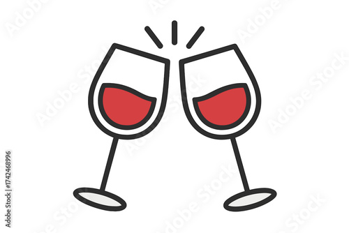Two clinking wine glasses with red wine celebration icon, cheers toast concept, vector illustration with transparent background, festive drink symbol, party and romance graphic
