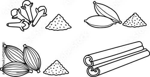 Whole and ground spices in outline. Cloves cardamom and cinnamon vector set.
