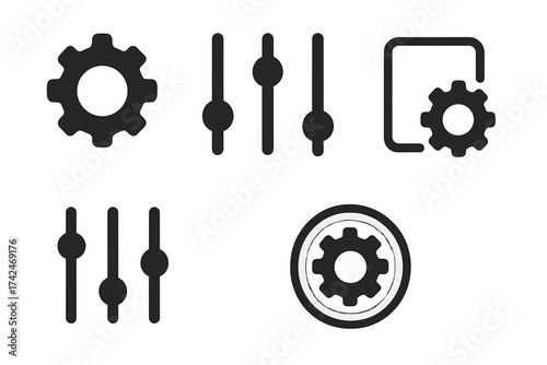 Set of vector setup and settings icons including gear, adjustment levels, preferences, cogwheel symbols, control sliders, and configuration UI elements with transparent background
