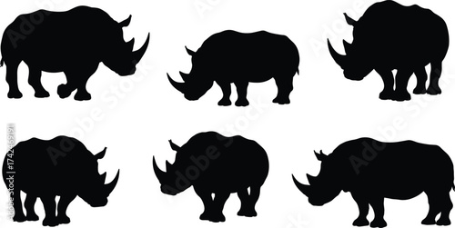 Rhinoceros silhouette collection, wild animal shapes, African wildlife illustration, black rhino contour, endangered species design, safari nature art vector