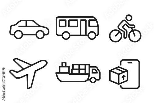 Transportation and delivery icon set with car, van, bicycle, airplane, cargo ship, and online parcel vector symbols in simple line style transparent background