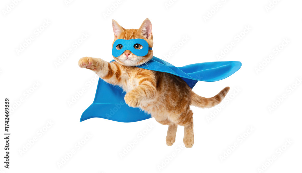 Fototapeta premium A playful cat wearing a blue superhero mask and cape, captured in mid-leap, exuding a sense of fun and adventure.