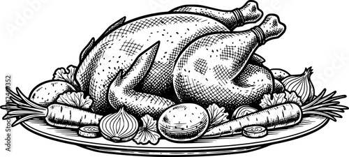 Vintage style chicken roast sketch illustration with vegetables. Traditional Sunday meal with detailed crosshatching technique, vector drawing isolated on white background. See Less
