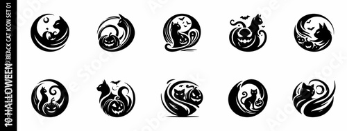 Set of minimalist black cat logo designs for branding, label or sticker use. Vector icons with clean graphic shapes, ideal for pet shops, creative studios and Halloween decoration.