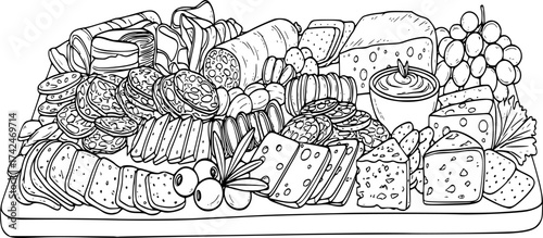 charcuterie board sketch with assorted meats and cheeses. Gourmet appetizer illustration in loose pen style, vector design isolated on white background. S