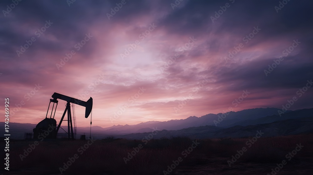 Naklejka premium A silhouetted oil pumpjack stands against a dramatic sunset sky over distant mountains