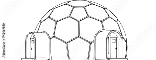 Futuristic modular dome house sketch with hex panels. Hand-drawn smart living vector isolated on white.
