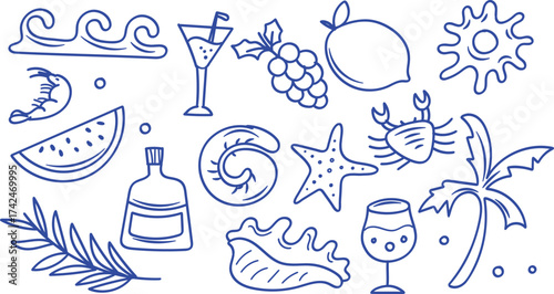 Summer Vibes Doodle Line Art Elements Collection with Beach, Food, and Tropical Plants. Vector illustration