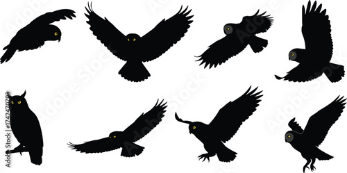 Silhouette owls flying perched wings spread nocturnal birds wildlife illustration isolated black white background yellow eyes night nature animal design art