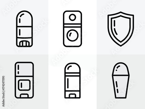 Set of 6 minimalist black and white line art icons representing deodorant products and a shield silhouette vector illustration white background