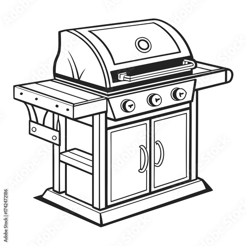 A detailed black and white illustration of a modern outdoor gas barbecue grill with side shelves and storage cabinet