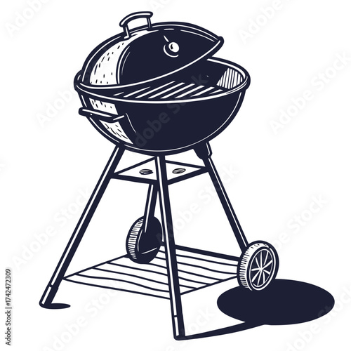 Classic charcoal kettle barbecue grill with open lid and wheels on white background