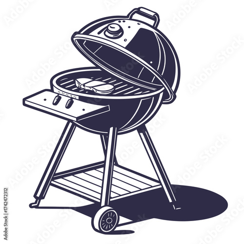 Classic charcoal kettle grill with steaks cooking on the grate and a side shelf for preparation