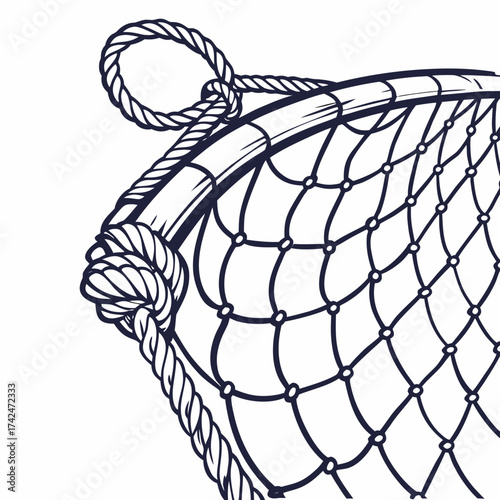 Close up of a dark blue fishing net with thick rope and knot detail on a white background