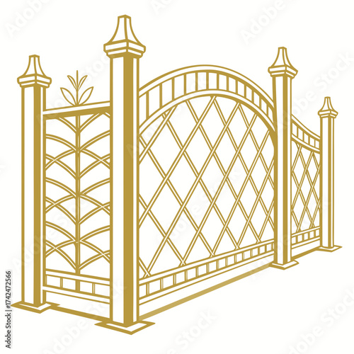 Elegant gold ornate fence with decorative lattice and arched top sections and finials