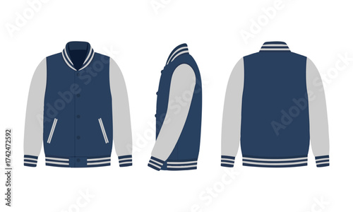Varsity Jacket Mockup Set – Front, Back, Side Views  Minimal Flat Vector Illustration, College Jacket Mockup template, easily editable and scalable. 