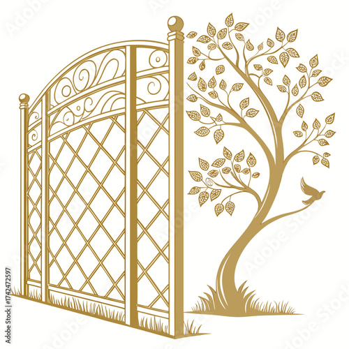 Elegant golden wrought iron gate with decorative tree and bird silhouette on white background
