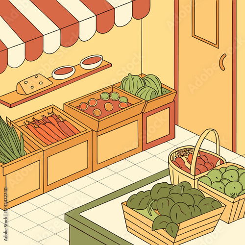 Isometric illustration of a vibrant grocery store produce section filled with fresh fruits and vegetables