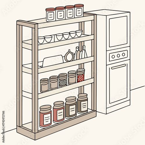 Kitchen pantry shelving unit filled with jars bowls bottles and a baking dish next to an oven
