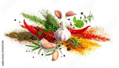 Fototapeta Naklejka Na Ścianę i Meble -  Flying colorful spice powders with garlic bulb, chili, and herbs separated 