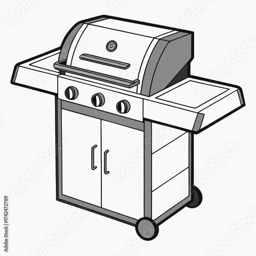 Modern gas barbecue grill with side shelves and storage cabinet on wheels isolated on white background
