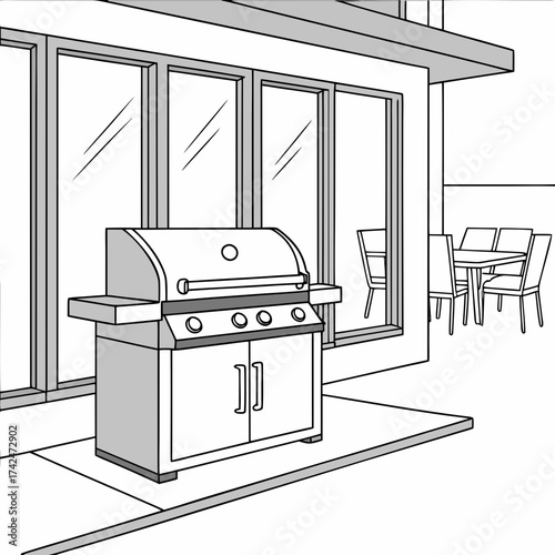 Modern outdoor patio with a stainless steel gas grill and dining table with chairs