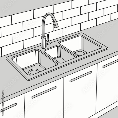 Modern triple basin kitchen sink with gooseneck faucet and subway tile backsplash illustration