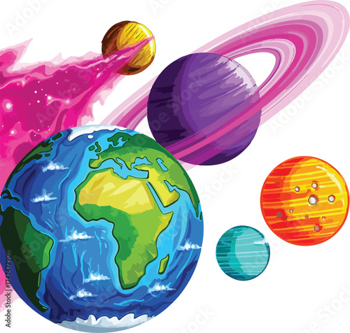 Colorful planets and earth in outer space  vector illustration
