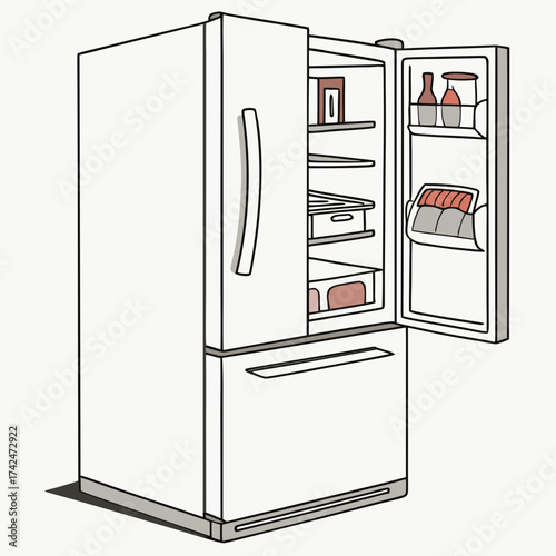 Open white refrigerator with food items and drinks on shelves and door compartments