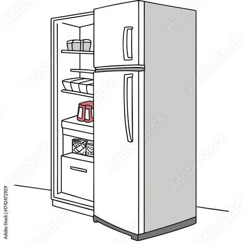 Open white refrigerator with food items on shelves and a drawer in a simple line drawing style